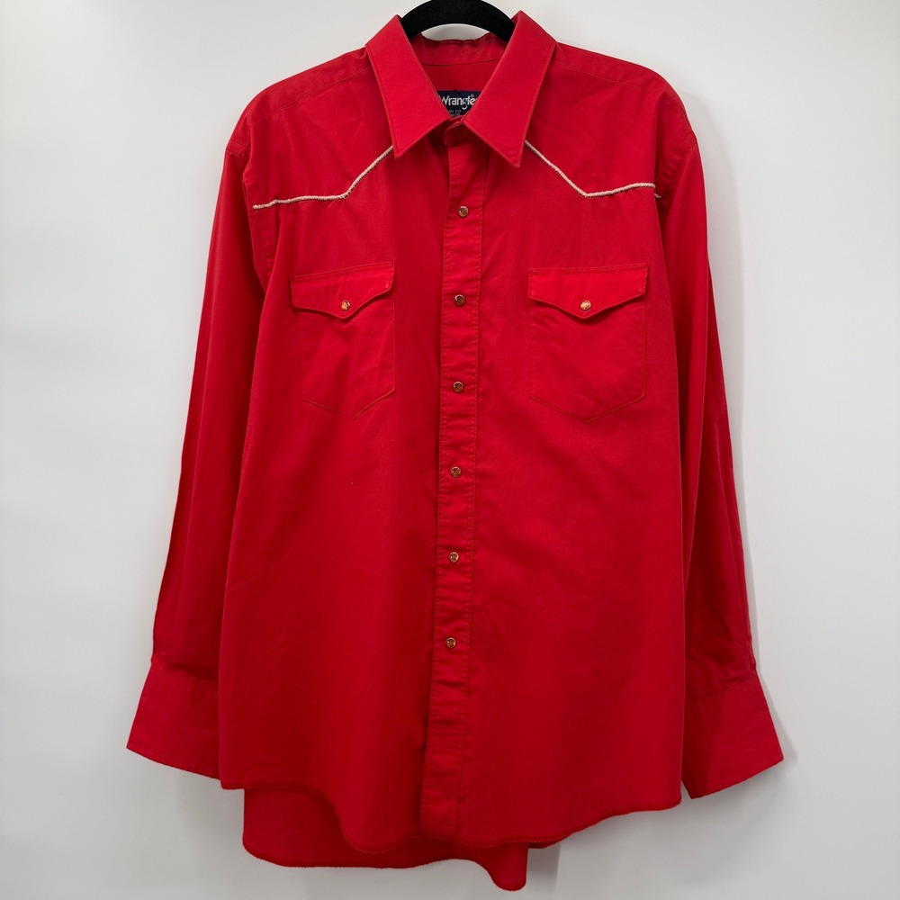 Wrangler Mens 17.5 35 Button Down Shirt Red Cowboy Cut Western Pearl Snap USA
